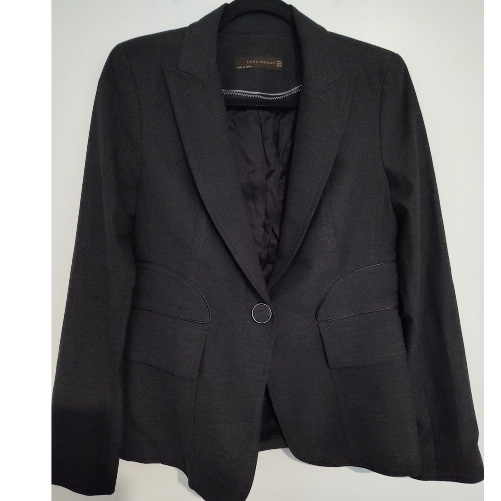 Zara Woman Charcoal Grey Tailored Blazer Crest Button Peplum Jacket Size M